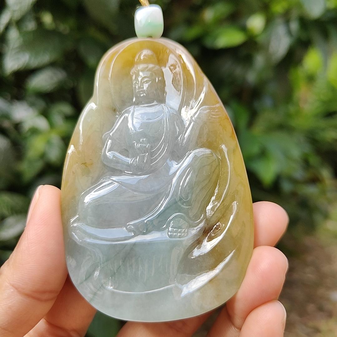 Hugh High Quality Light Green, Yellow Brown and Red Natural Type A Jadeite Jade crafted as Guanyin for Pendant, certificate weighs 79.47 grams, measurement 83.3 * 52.6 * 8.5 mm (pendant282)