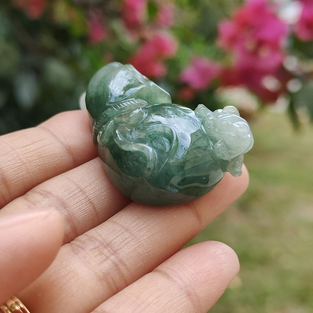 Dark Green Natural Type A Jadeite Jade crafted with Three legs toad on Money Pouch as Pendant with certificate weigh 26.67 grams, measurement 42 * 18.5 * 14 mm (pendant230)