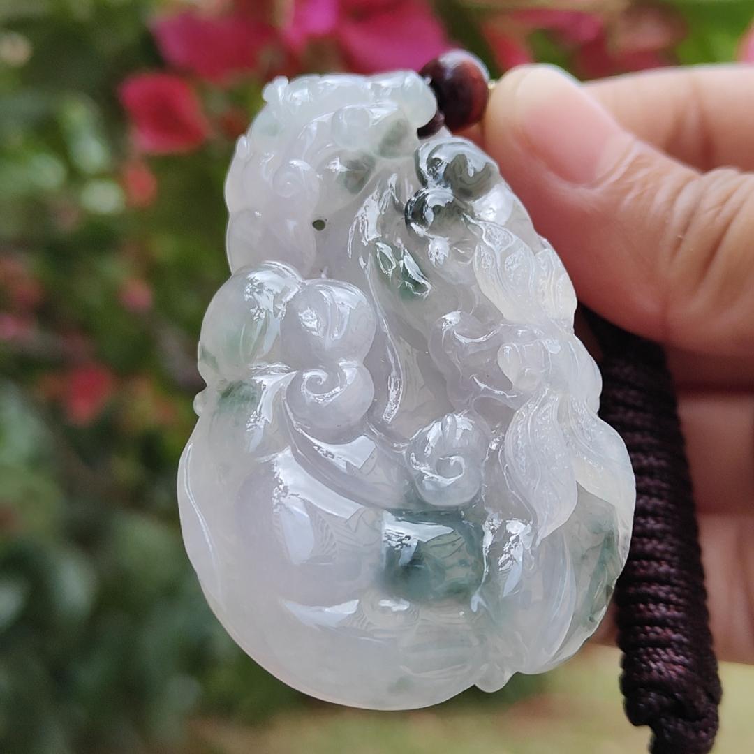 Premium Good Quality Light Lavender and Light Green Natural Type A Jadeite Jade crafted with Dragonfly, Ruyi as Pendant, certificate weigh 35.87 grams, measurement 63 * 38.3 * 10 mm (pendant236)