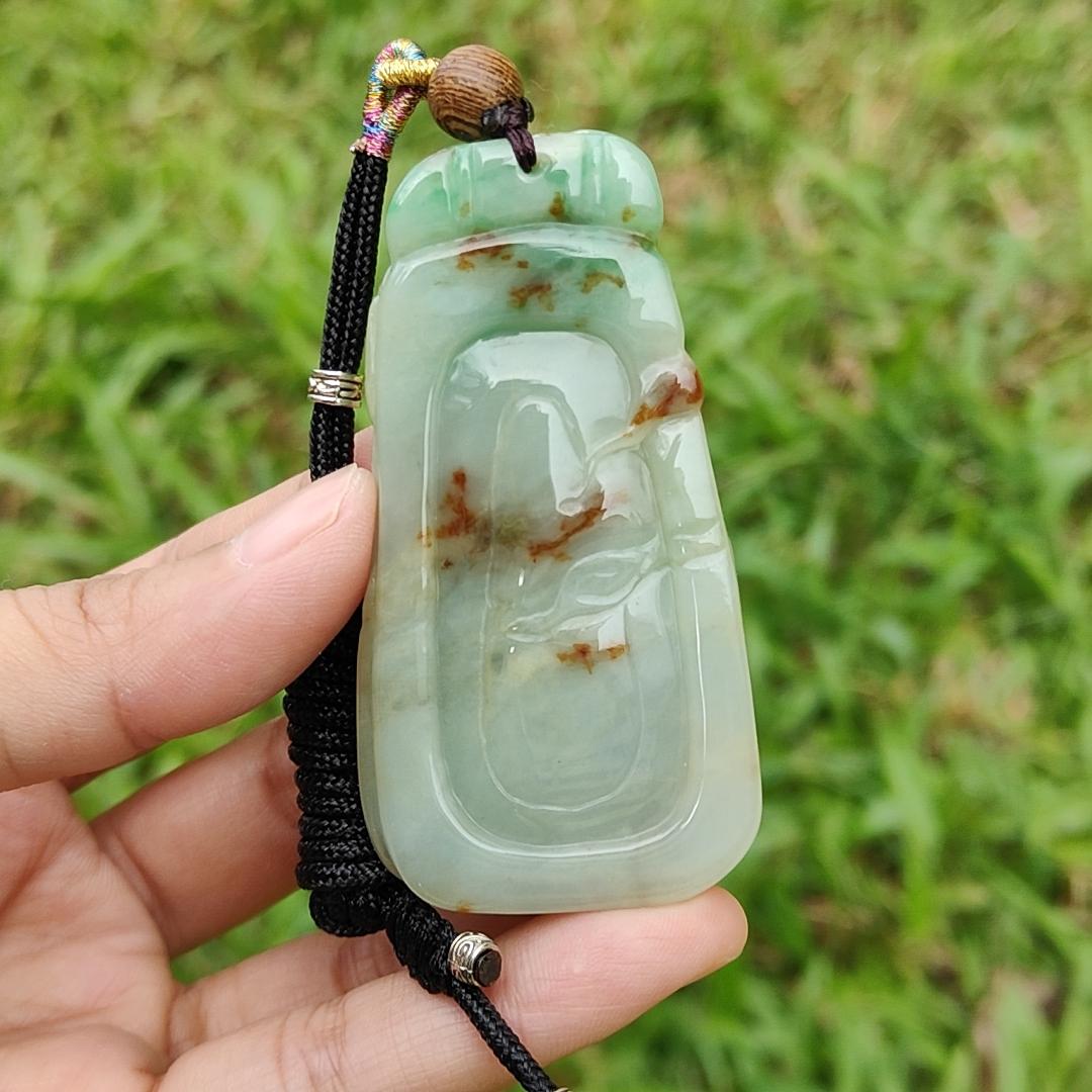 Green with Red Patches Natural Type A Jadeite Pendant Necklae Crafted with Old School Phoenix and ruyi with certificate weigh 50.24 grams, 67.7 * 35 * 11.8 mm, symbols of Good luck and a good life noble authority (pendant23)