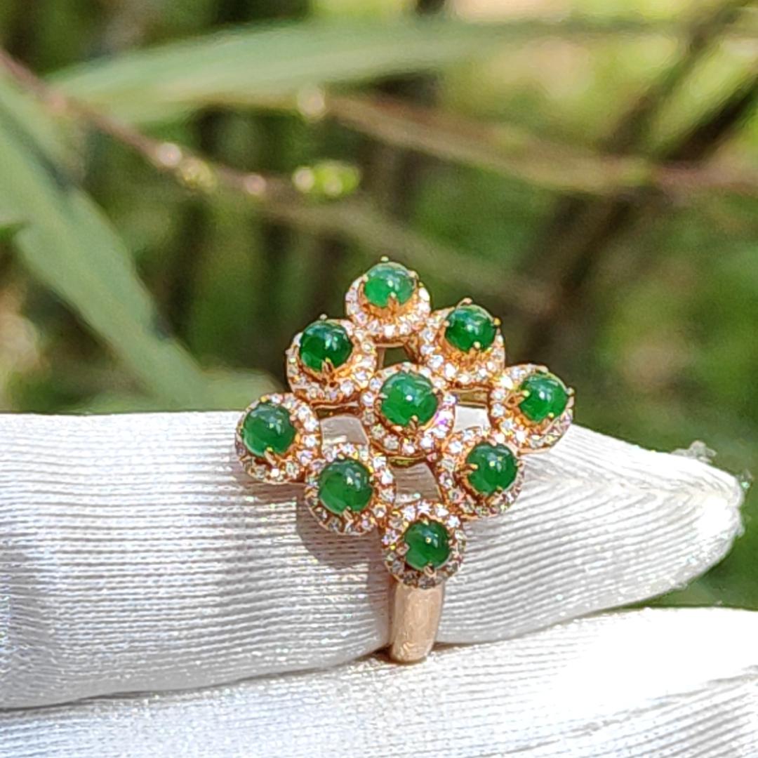 Mid Year Special Offer, Stunning 18k Gold setting with 9 green cabochons and diamonds Natural Type A Jadeites Ring with certificate weigh 3.92 grams, finger size 17.7 mm (18kring2)