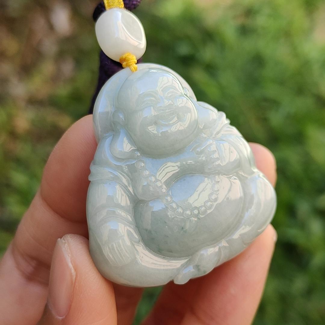 Light Green with green patches Natural Type A Jadeite Jade Pendant Necklace crafted as Laughing Buddha with certificate weigh 36.66 grams, 40.3 * 37.5 * 15 mm (pendant165)