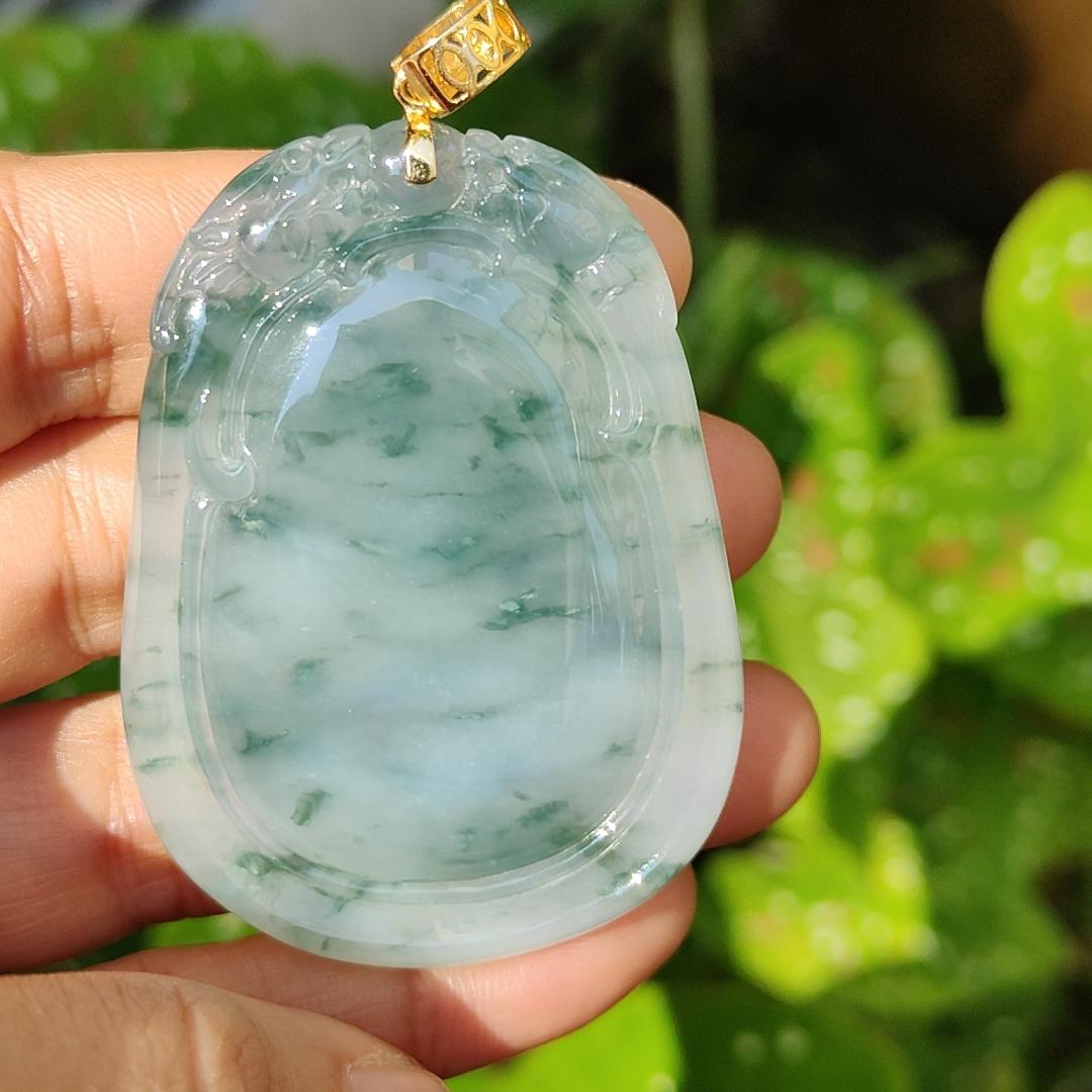 Double Dragon Floating Green Flower clouds 18k gold Natural Type A Jadeite pendant  with NGI Gemstone report carved as wu shi pai weight 34.82 grams , 53.06 * 38.86 * 9.37 mm , Translucent Very Fine Grain with patches of bluish green (18kp3)