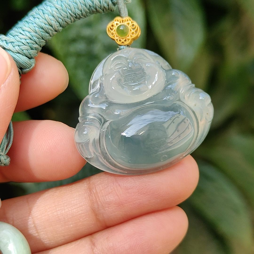 Old Pit Icy Bluish Green Natural Type A Jadeite Pendant Necklace crafted as Laughing Buddha with certificate weigh 13.48 grams, 27.7 * 31.6 * 7.2 mm (pendant162)