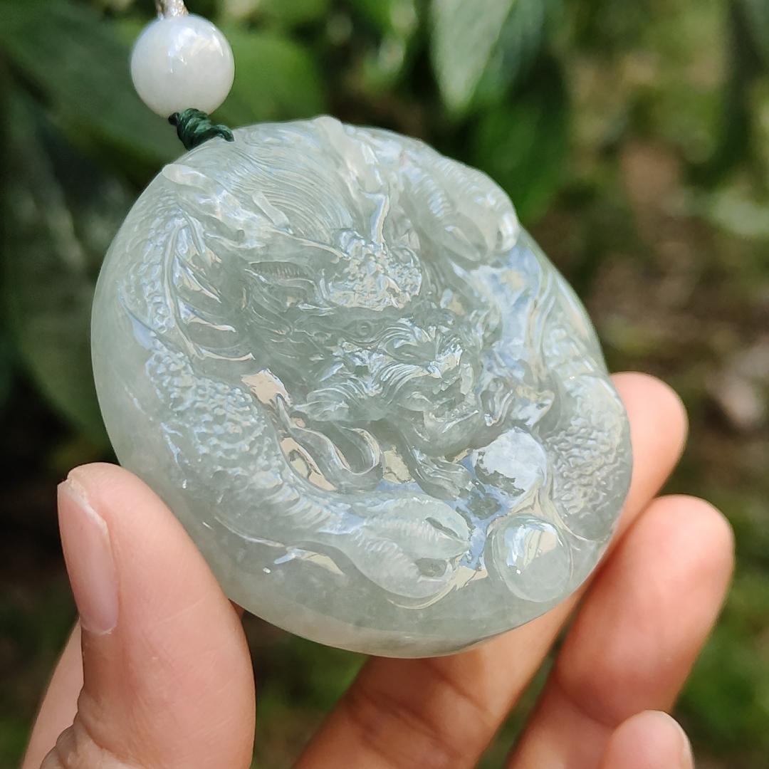 Premium Full Light Green Natural Type A Jadeite Jade Pendant Necklace crafted with Dragon with good glossy shines, certificate included weigh 77.81 grams, 55.5 * 55.5 * 13.8 mm (pendant169)