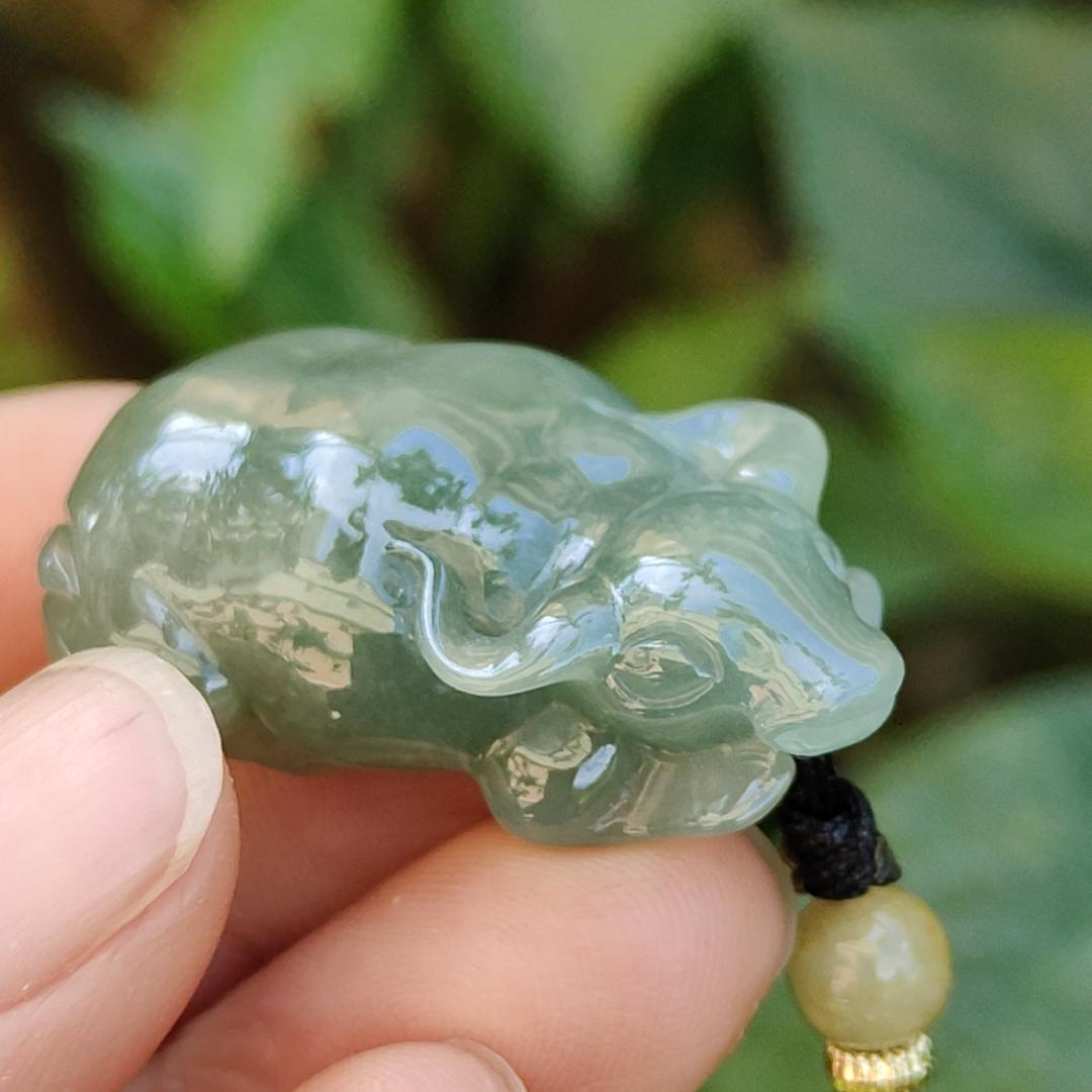 Oil Green Natural Type A Jadeite Pendant carved as water buffalo representing Hardworking and Simple, Unstoppable, Strong and Healthy and Turn the Tide, certificate include weighs 14.56 grams, 34.6 * 23.6 * 11.5 mm, suitable for daily wear (pendant80)