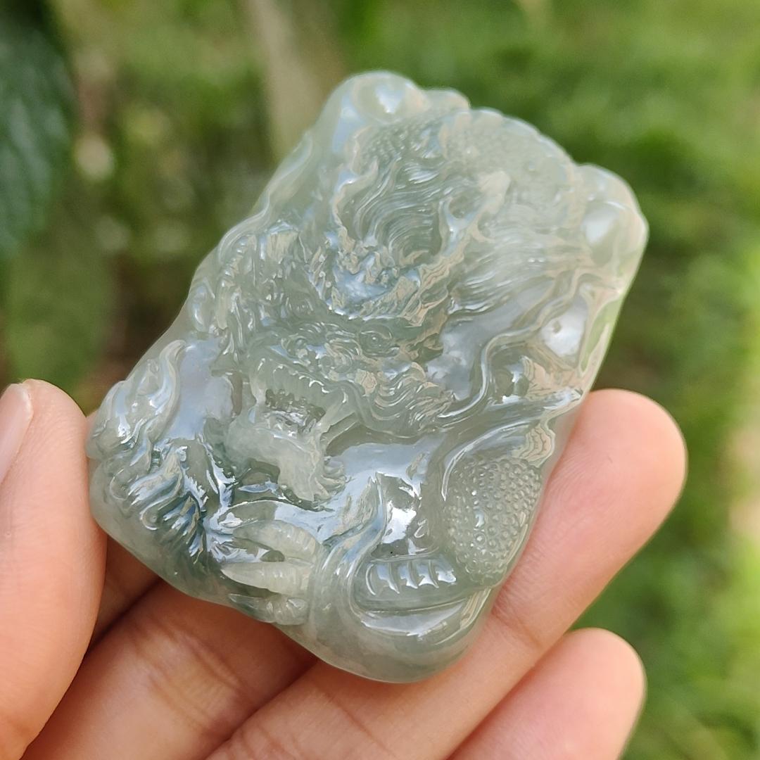 Premium Full Green with Green patches Rare Natural Type A Jadeite Jade Pendant Necklace Crafted as Dragon with certificate weigh 40.07 grams, 53.6 * 36 * 12.3 mm (pendant168)