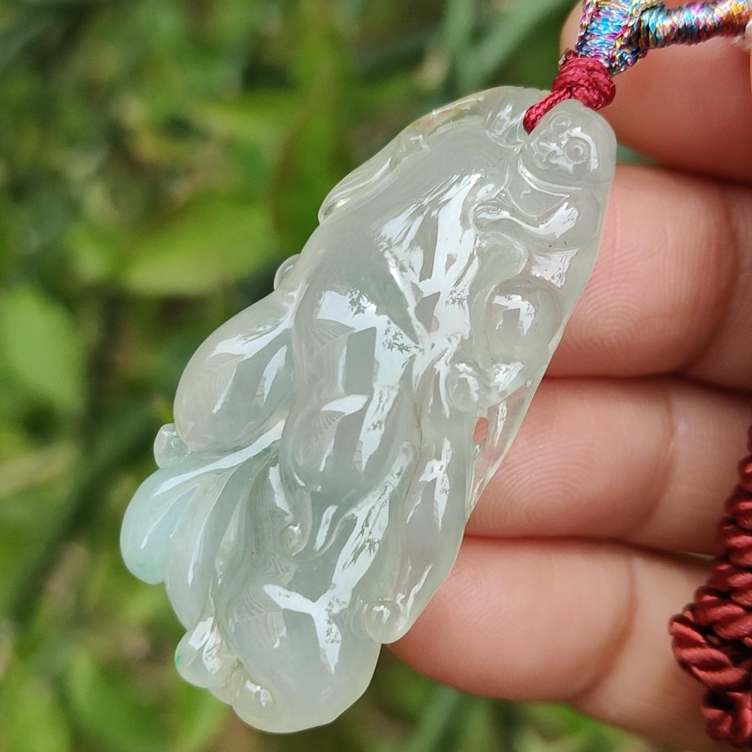 Icy with good translucent glossy texture Natural Type A Jadeite Pendant Necklace, Crafted with Monkey on Chayote symbols of Golden Monkey Brings Longevity and Double Blessings, certificate included weigh 16.84 grams, 44 * 21.3 * 11.8 mm, collectible jade