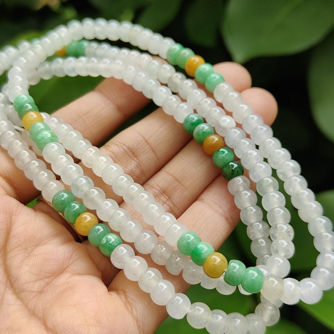 High Quality 90% Perfect 184 drum shape Icy * 154, Green * 24, Yellow * 6 Natural Type A Jadeite Jade Beads as Bracelet Necklace certificate weighs 49.19 grams, measurement 5.7 mm (bracelet29)