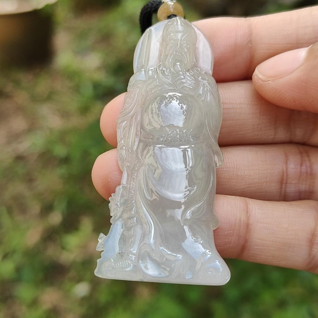 Premium Icy with good translucency Natural Type A Jadeite Pendant Necklace crafted as Guan Gong with certificate weigh 15.41 grams, 59.3 * 26 * 6.3 mm, (pendant31)