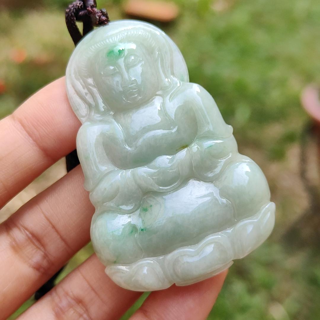 Light green with green patches Natural Type A Jadeite Jade crafted with Guanyin as Pendant with certificate weigh 17.28 grams, measurement 56.3 * 37.3 * 5.9 mm (pendant201)