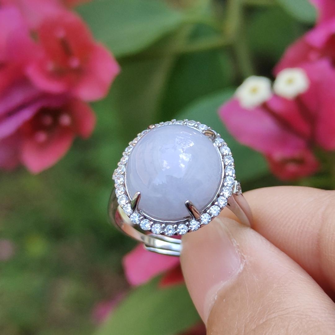 Lavender Cabochon set on S925 Silver adjustable ring Natural Type A Jadeite with QIC Labs approved certificate included weigh 3.99 grams, 13.8 * 12.3 * 5.7 mm suitable for all occasions (s925ring1)