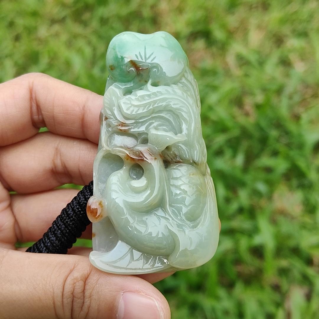 Green with Red Patches Natural Type A Jadeite Pendant Necklae Crafted with Old School Phoenix and ruyi with certificate weigh 50.24 grams, 67.7 * 35 * 11.8 mm, symbols of Good luck and a good life noble authority (pendant23)