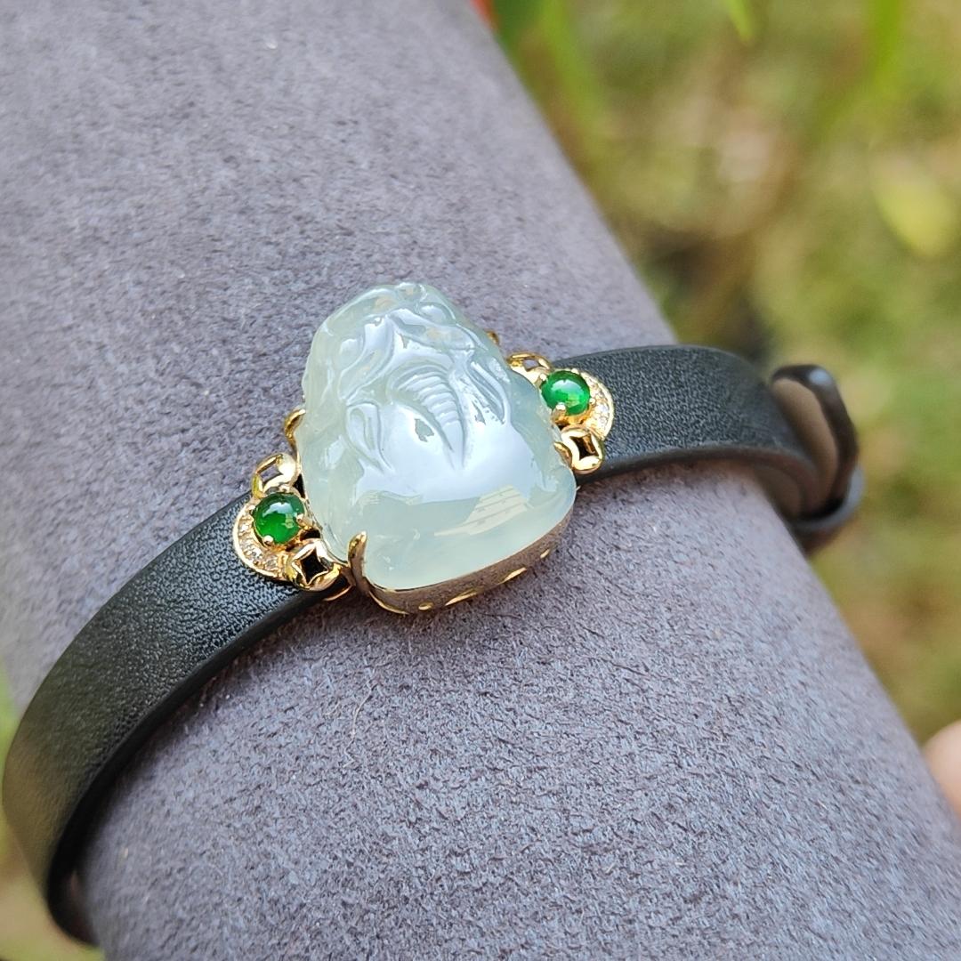 Light Green Hue Natural Type A Jadeite Jade crafted as Pixiu set on 18k Gold with 2 Green Cabochon and diamonds, adding PU wrist band upgraded elegant style bracelet, certificate weigh 4.44 grams, measurement 16.6 * 14.1 * 7.5 mm (18kpw1)