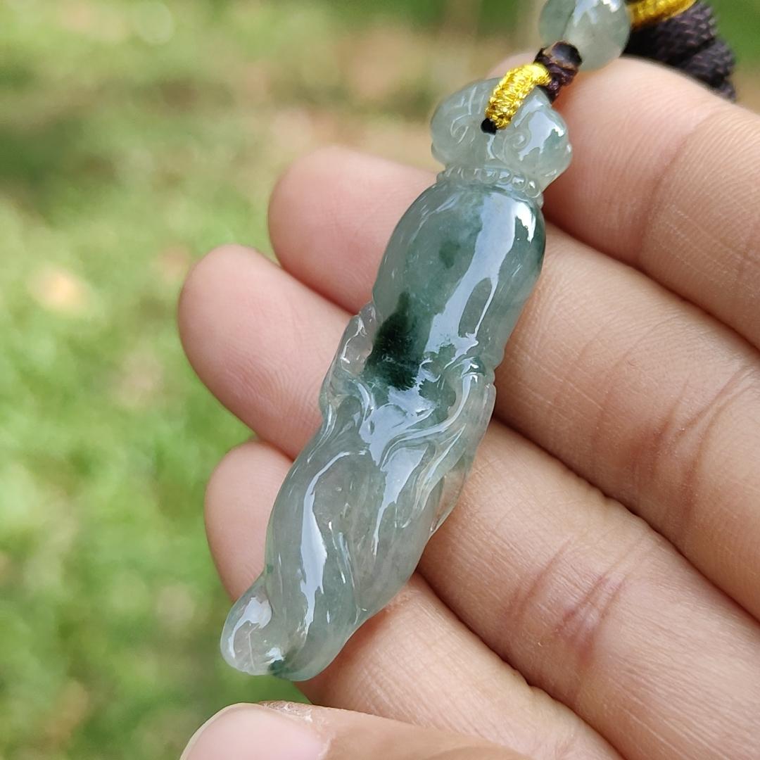 High Quality Light Green with Green Natural Type A Jadeite Jade crafted with shape of Ginseng as Pendant, certificate weighs 7.63 grams, measurement 48.2 * 12.7 * 7.1 mm (pendant277)