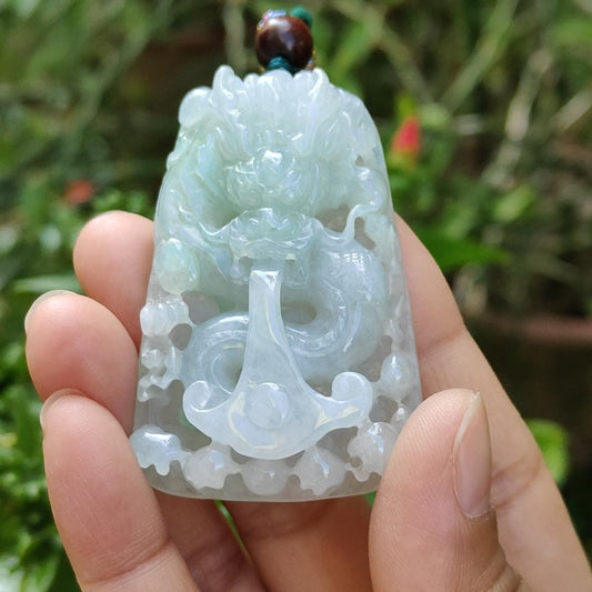 Light Green and White Natural Type A Jadeite Pendant Necklace crafted as Domineering dragon water absorbing pendant, symbols of Rise to prominence, certificate included weigh 43.48 grams, 56.5 * 36.8 * 13.4 mm, suitable for daily wear (pendant37)