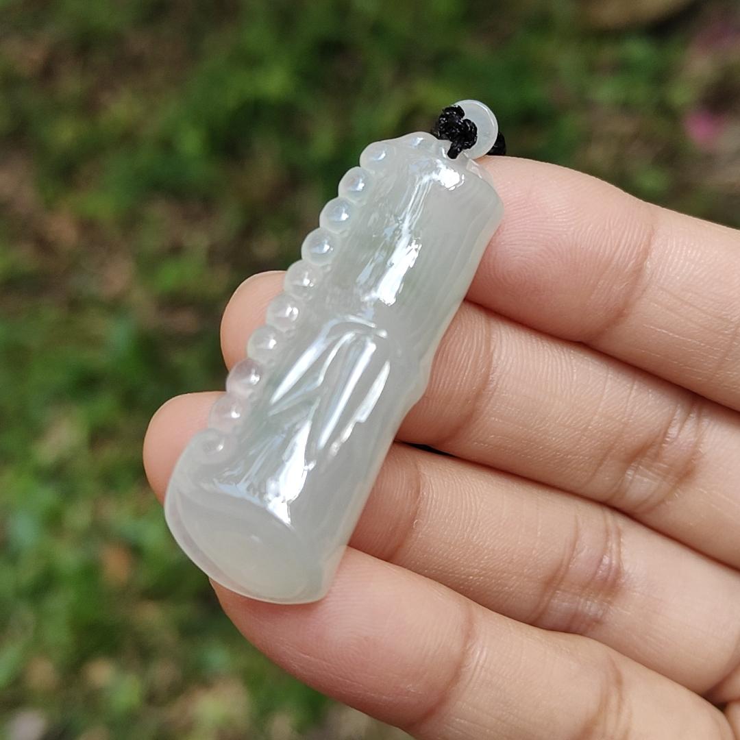 Special Offer Price Semi Icy Bamboo Natural Type A Jadeite Pendant Necklace with QIC approved labs certificate weigh 13.67 grams, 44.3 * 16 * 8.7 mm, symbols of Rising higher and everlasting, suitable for daily wear (pendant53)