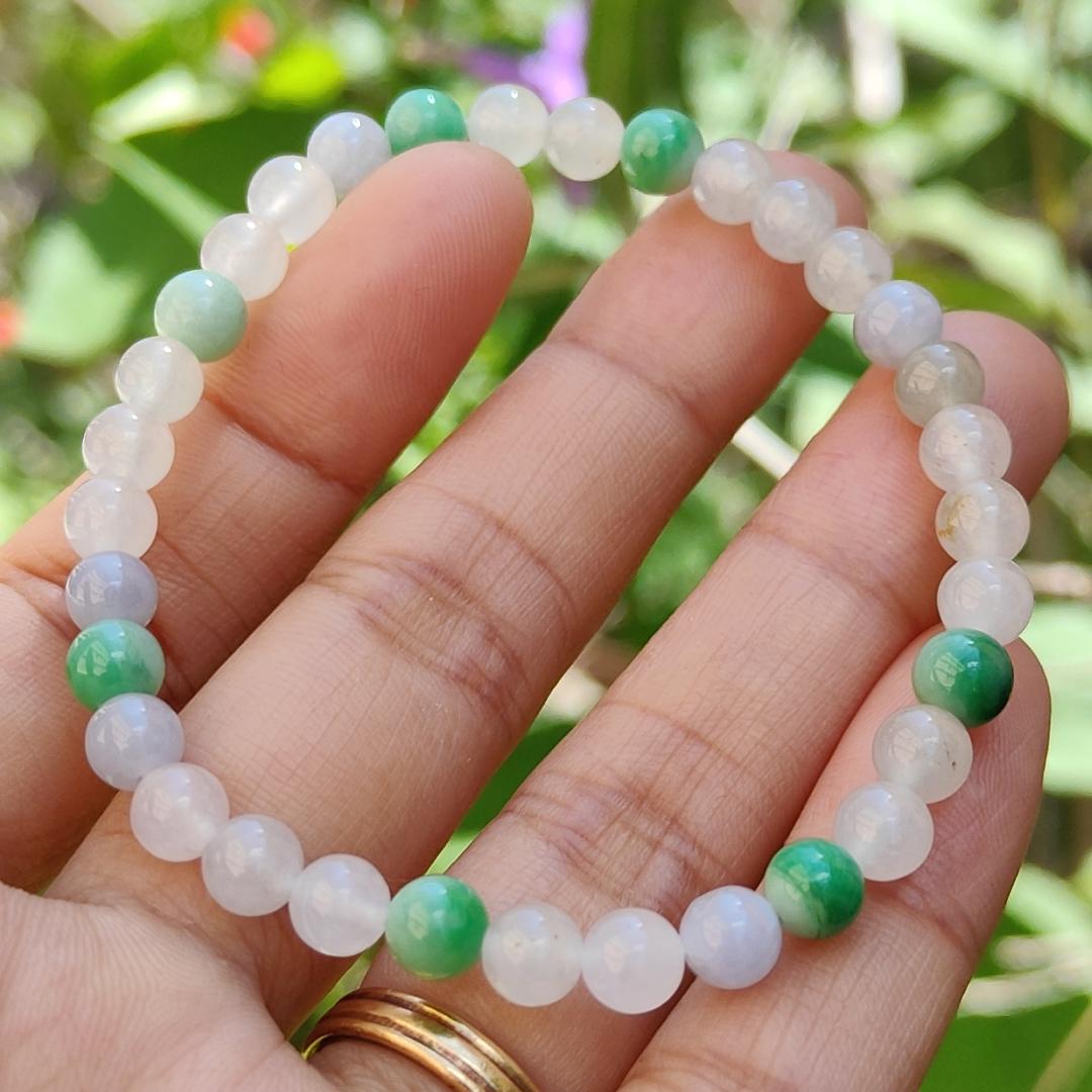 Mix with Green, Lavender and Icy Natural Type A Jadeite Jade 33 Beads with measurement of 5.5 mm bracelet, QIC labs approved certificate included weigh 9 grams (bracelet16)