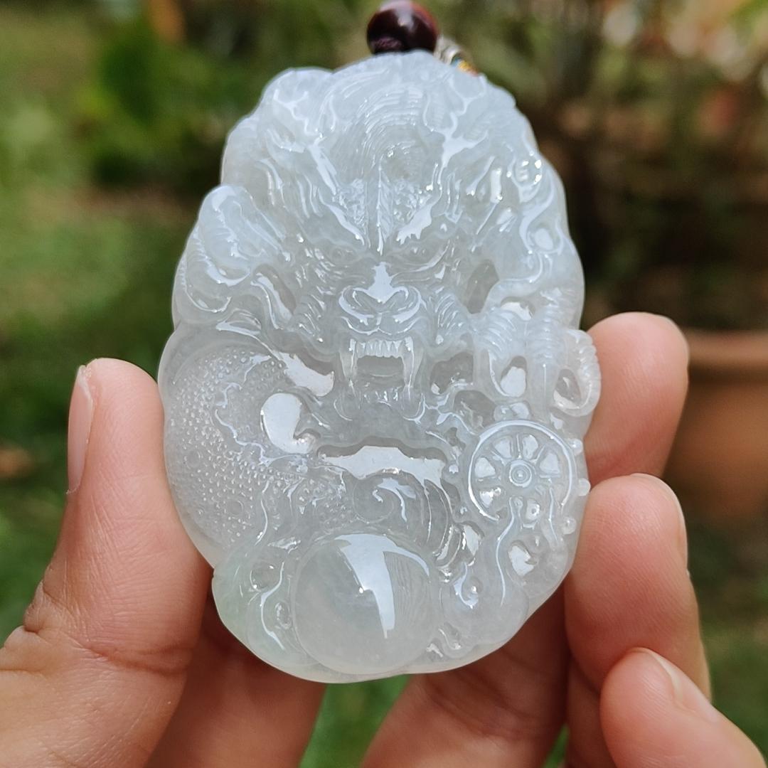 Semi Icy Premium Natural Type A Jadeite Jade crafted as Dragon with certificate weigh 49.63, measurement 64.8 * 42.5 * 10.5 mm (pendant190)