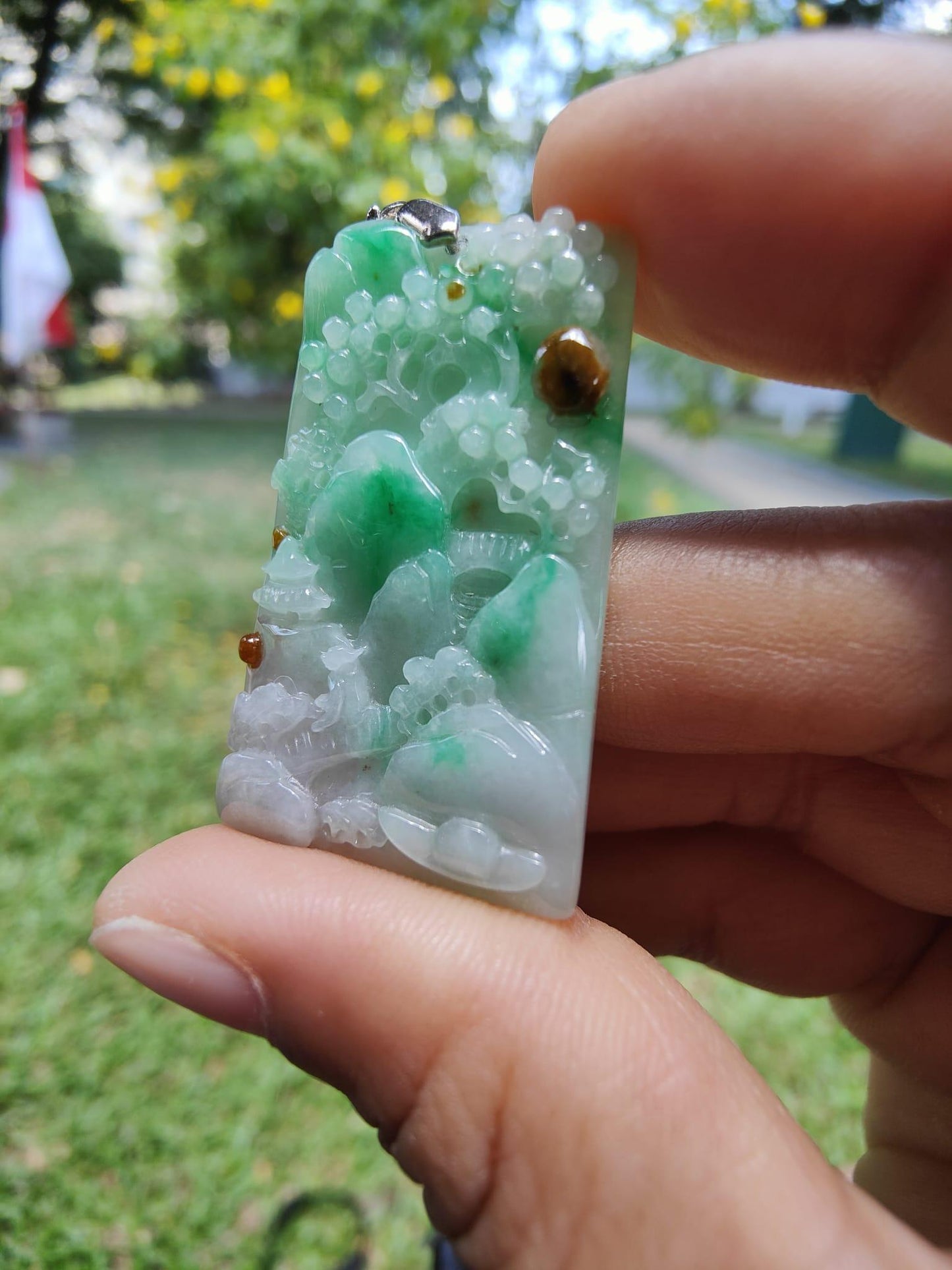 Good Quality Very Beautiful Light Green, Brown Natural Type A Jadeite Jade crafted with sceneries as Pendant, certificate weighs 9.72 grams, measurement 40 * 24.8 * 4.6 mm (pendant288)