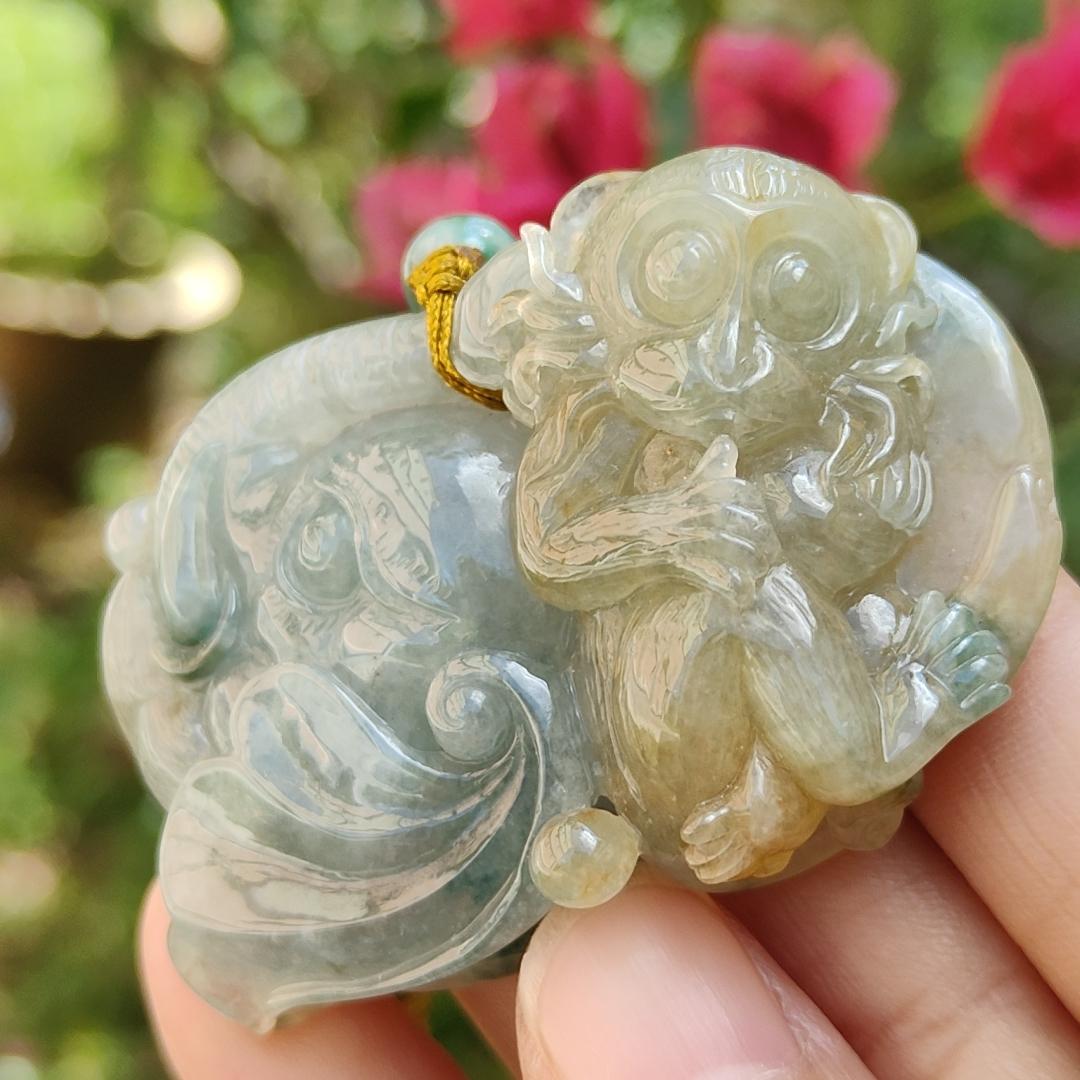 Light green and Yellow Natural Type A Jadeite Pendant, a rare collection carved with Monkey, Elephant and Ruyi, symbols of Wisdom, strength, authority, good luck and protection, certificate included weigh 47.85 grams, 55.7 * 36 * 13.8 mm (pendant74)