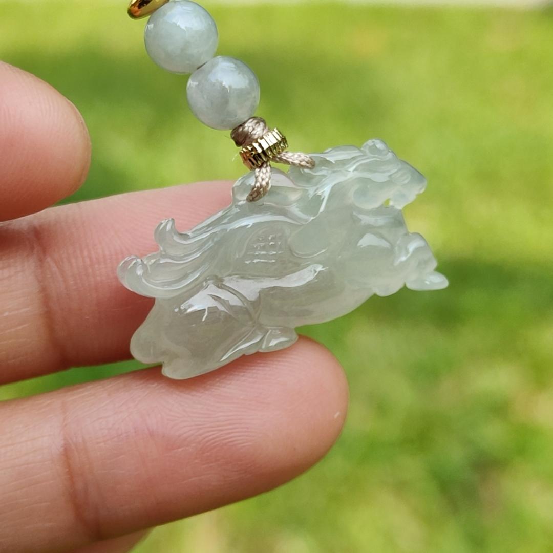 Icy with light green base Natural Type A Jadeite Pendant Necklace crafted as Flying Horse symbols of Good luck is coming soon, Longma spirit with GIC approved certificate weigh 4.55 grams, 15.6 * 28 * 6.3 mm (pendant65)