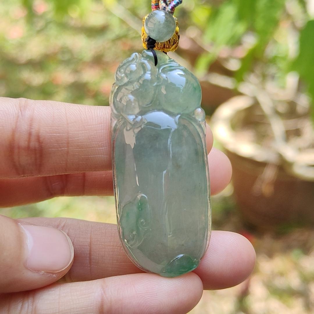 Premium Quality Icy Translucent Green with Green Patches Natural Type A Jadeite Jade crafted with Squirrel and Ruyi as Pendant, certificate weigh 17.83 grams, measurement 49.3 * 21 * 9.3 mm (pendant225)