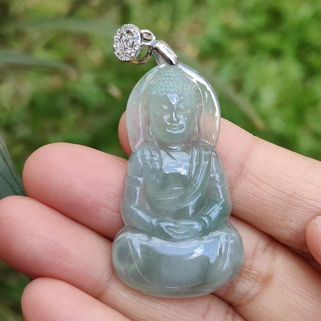 Premium Icy Good Translucency Green Hue Natural Type A Jadeite Pendant Necklace crafted as Buddha with certificate weigh 8.65 grams, 42.5 * 23.8 * 5.8 mm, collectible jadeite suitable for daily wear