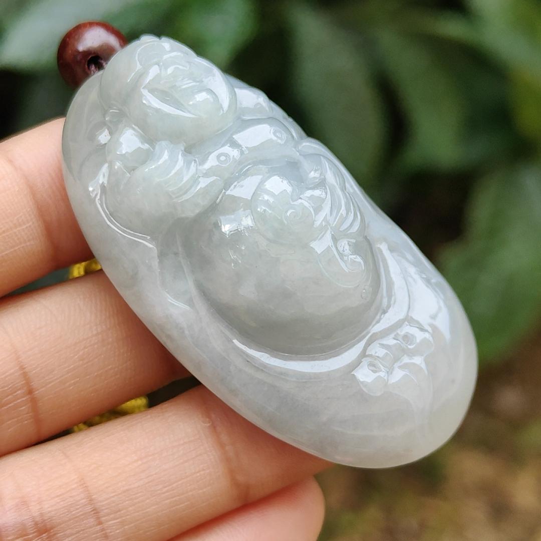 High Quality Light Green Hue Natural Type A Jadeite Jade crafted as Milo Buddha for Pendant, certificate weighs 44.34 grams, measurement 52.6 * 29.6 * 17.5 mm (pendant289)