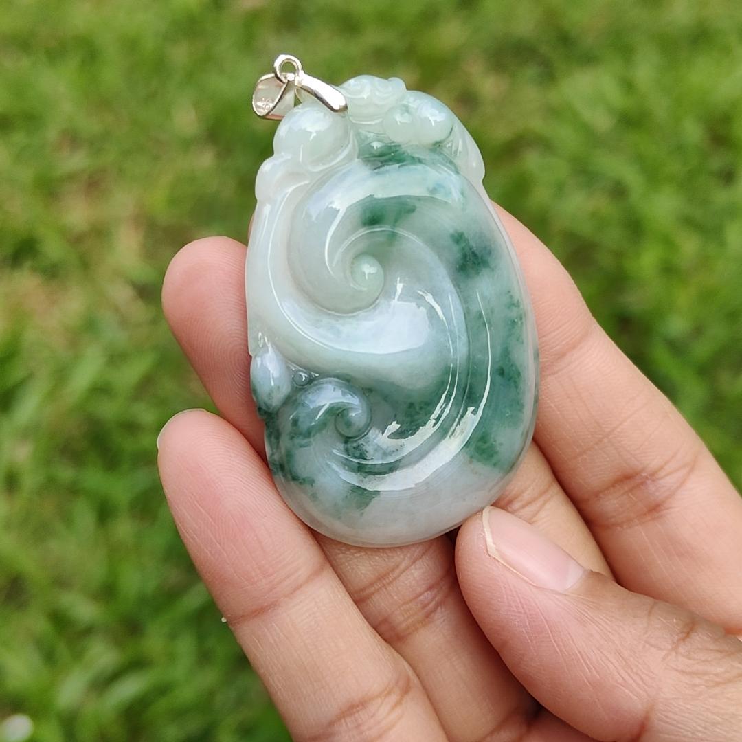 Special Offer, Green with Light Green Floating Flower (Piaohua) Natural Type A Jadeite Pendant Necklace crafted with Bat on Ruyi with certificate weigh 17.71 grams, 51.6 * 34.5 * 6 mm sysmbols of Happiness, auspiciousness (pendant103)