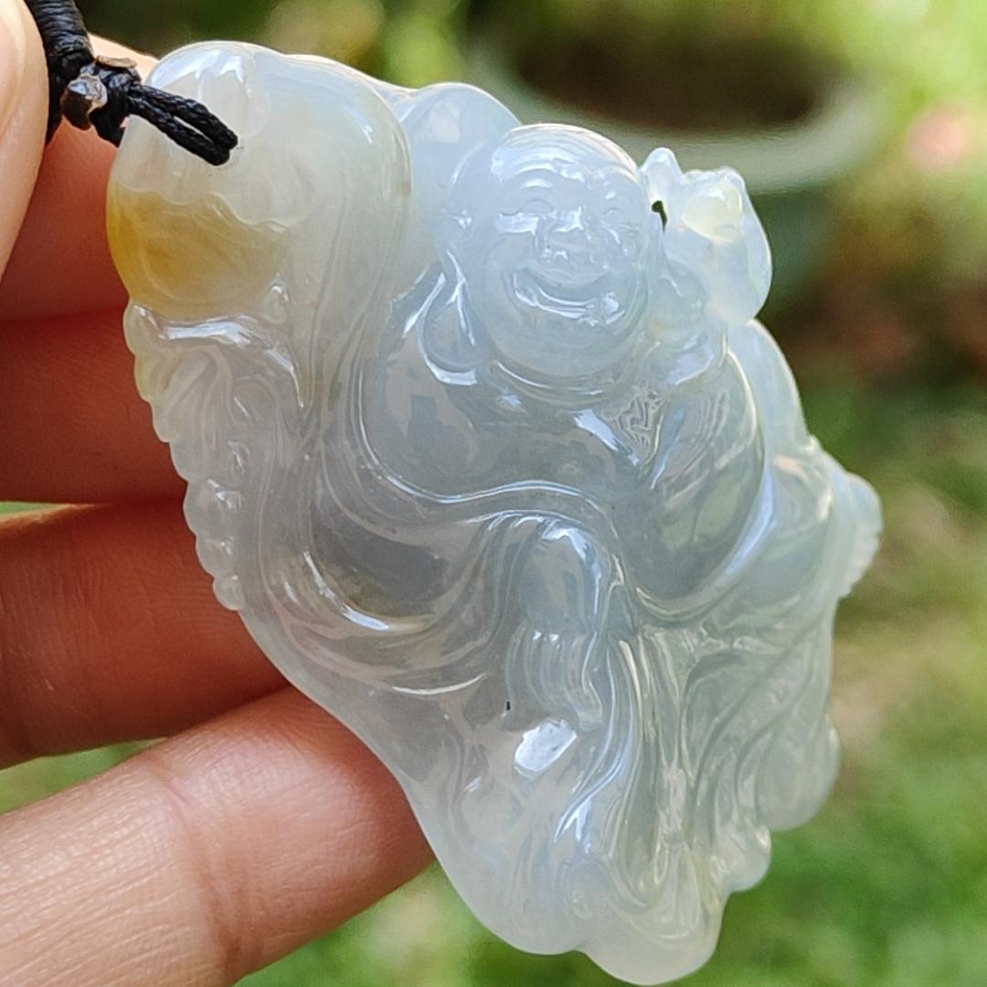 High Premium Light Lavender and Yellow Natural Type A Jadeite Jade crafted with Milo Buddha as Pendant, certificate weighs 49.13 grams, measurement 58.6 * 39.5 * 18.7 mm (pendant284)