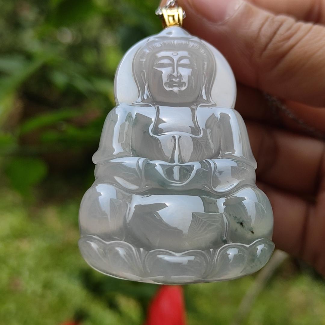 Premium High Quality Natural Type A Jadeite Jade crafted as seating Guanyin set with 18k gold clasp as Pendant, Certificate weighs 21.43 grams, measurement 59.1 * 35.6 * 6.1 mm (18kp54)