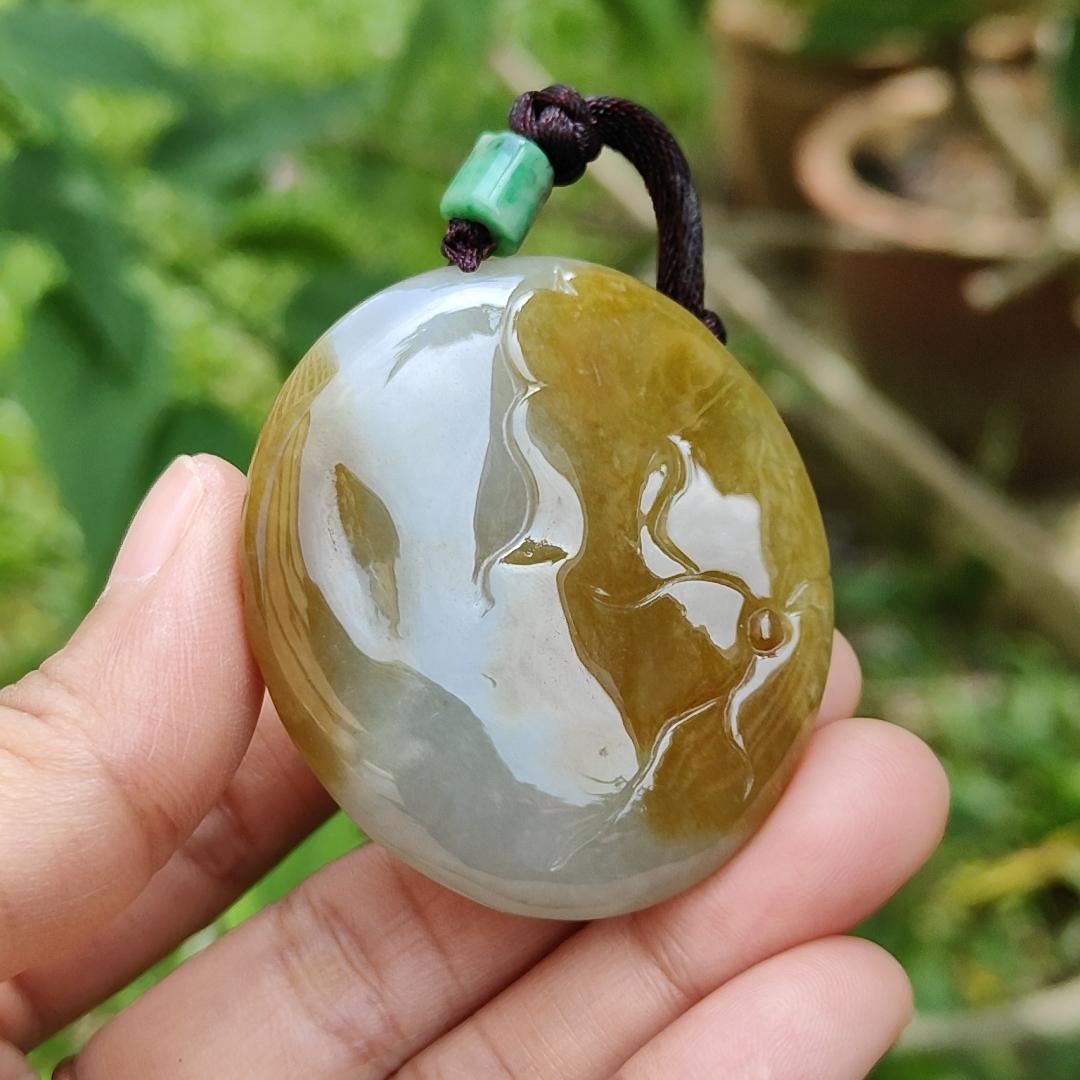 Collectible Yellow with light green Natural Type A Jadeite Jade Pendant Necklace crafted as Milo Buddha, certificate included weigh 38.28 grams, measurement 48.7 * 42.8 * 11 mm (pendant184)