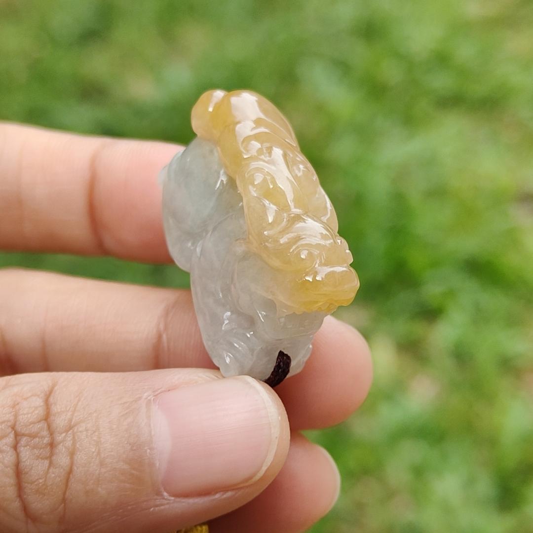 Glutinous Yellow and White Natural Type A Jadeite Pendant Necklace Crafted as Pixiu with certificate weigh 13.83 grams, 32 * 17.5 * 10.8 mm (pendant102)