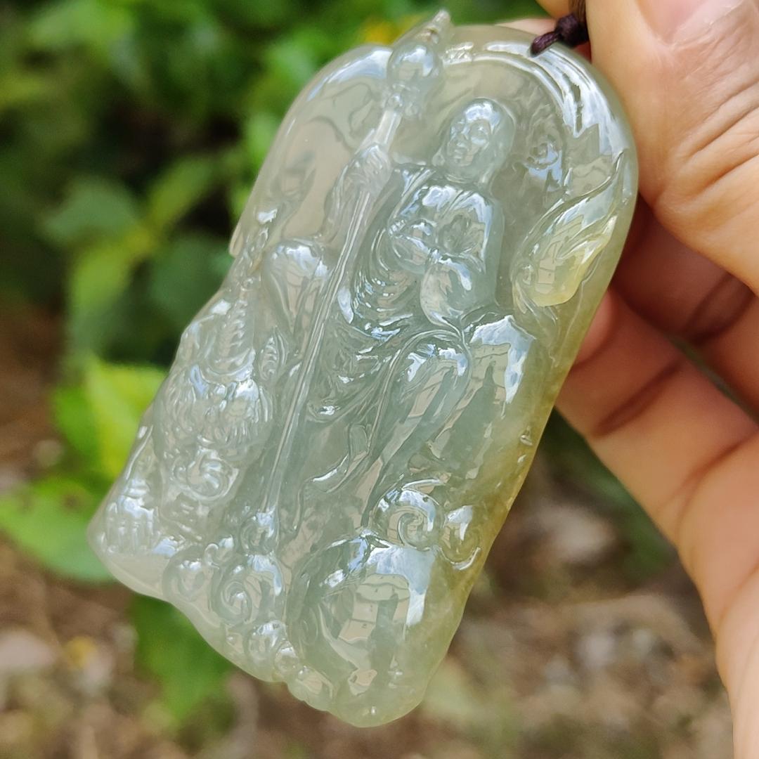 King of the inferno Special Premium Natural Type A Jadeite with Light Green and Yellow come with certificate weight 76.35 grams, 69.50 * 44.30 * 12 mm, very fine translucent rare jadeite pendant for collection (pendant98)