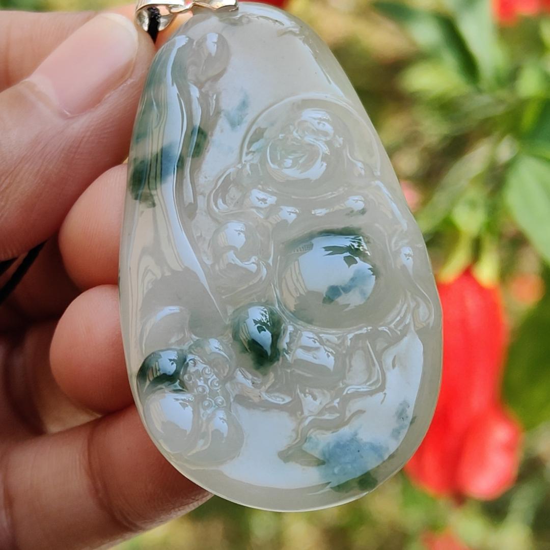 Special Sales - Rare Green Patches White with Yellow Hue Natural Type A Jadeite Jade crafter with Milo Buddha as Pendant, certificate weigh 17.2 grams, measurement 54.2 * 30.5 * 5.9 mm (pendant214)