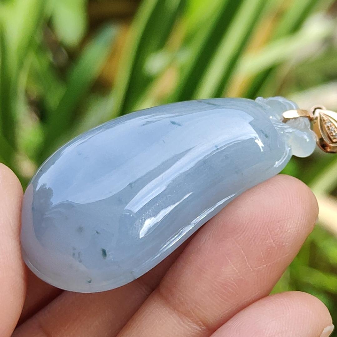 High Quality Light Lavender with Light Green Natural Type A Jadeite Jade crafted as shape of Fugua set with 18k Gold Clasp as Pendant, certificate weighs 23.61 grams, measurement 44.8 * 25.2 * 12 mm (18kp47)