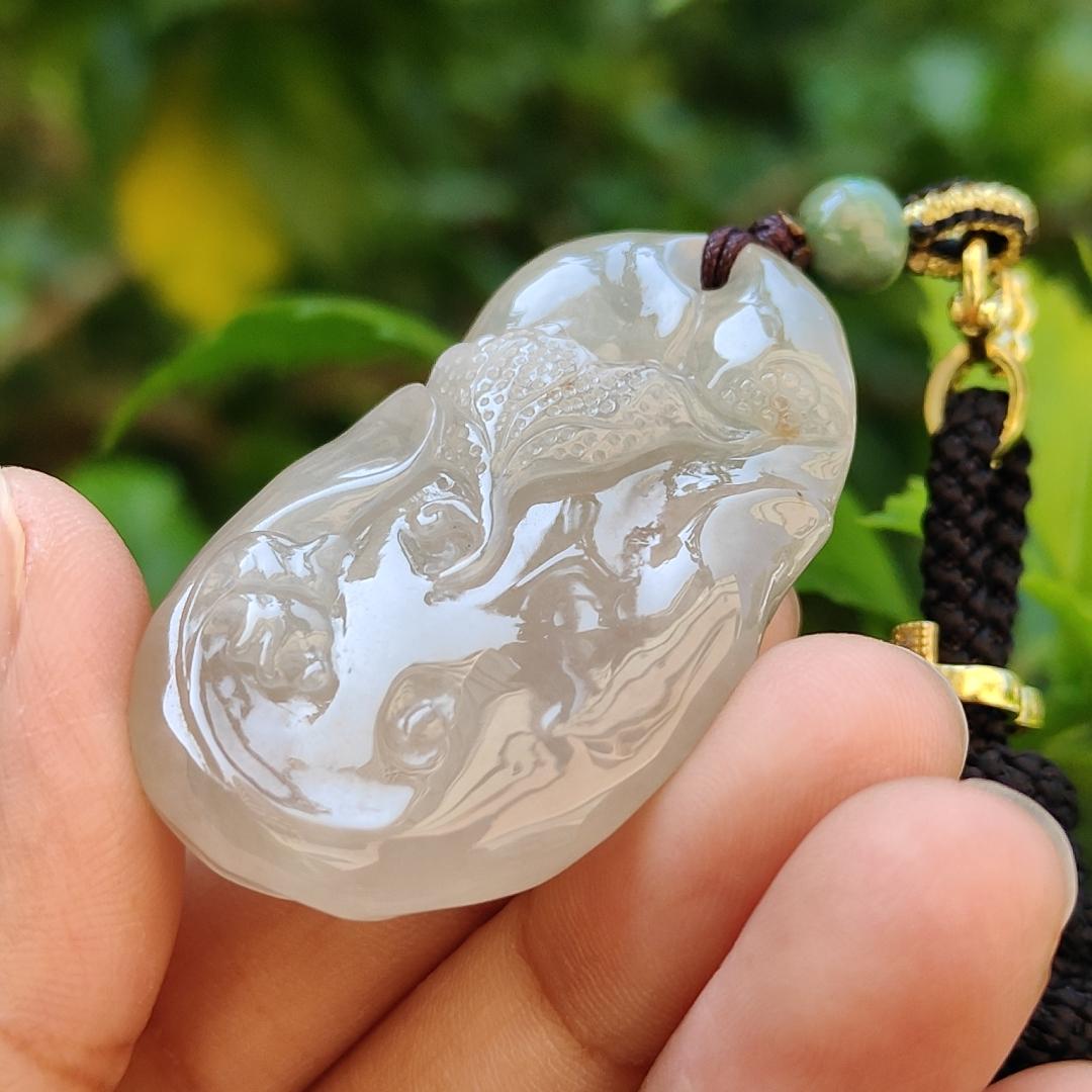 Premium High Quality Old Pit Natural Type A Jadeite Jade crafted with fish and Lotus as Pendant, certificate weigh 25.4 grams, measurement 44.2 * 28.5 * 12.3mm (pendant243)