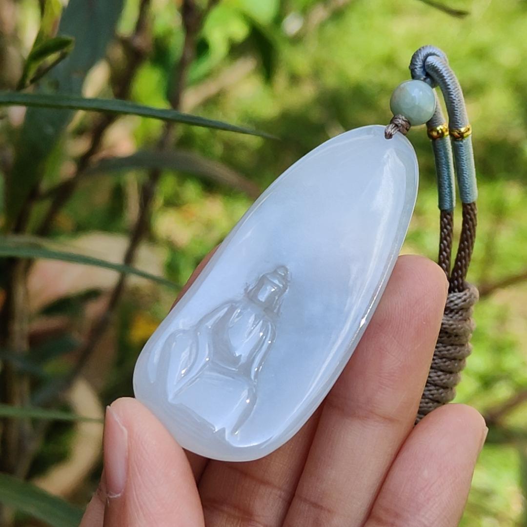 Crafted as the faceless buddha Semi Icy Natural Type A Jadeite Pendant Necklace with certificate weigh 14.03 grams, 58 * 26 * 4.9 mm, suitable for daily wear