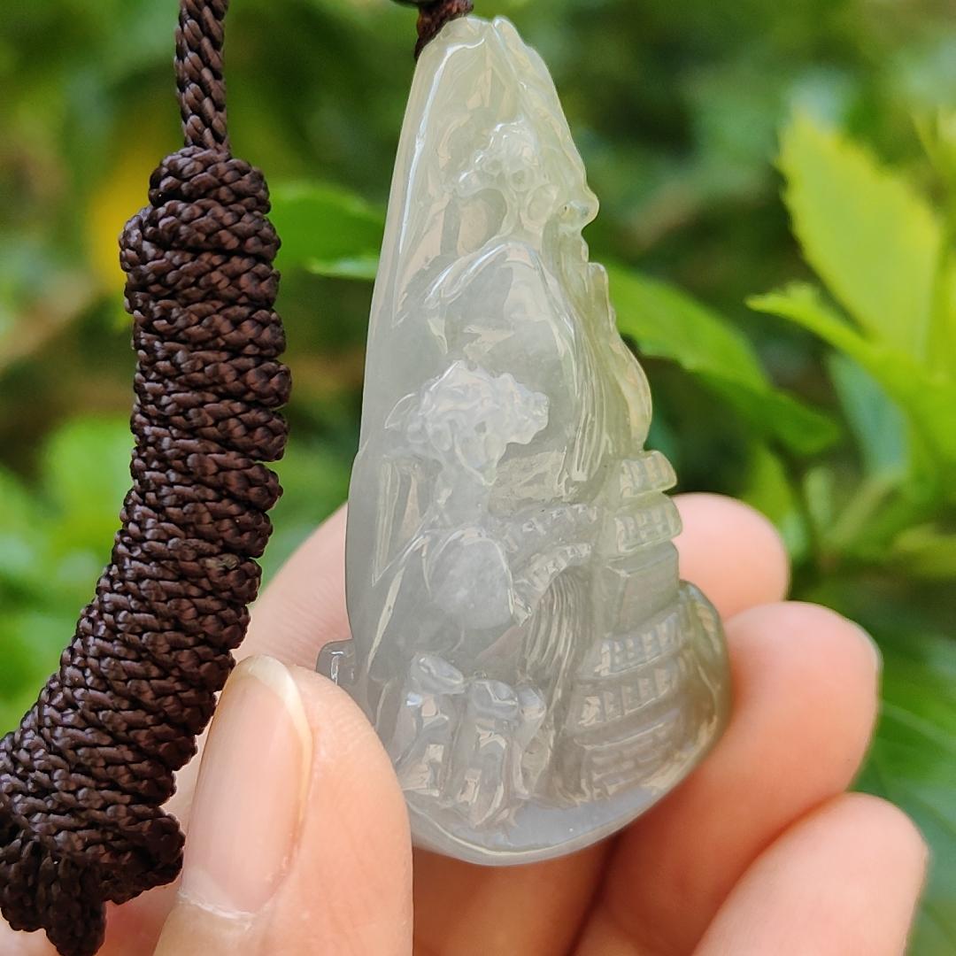 Very Unique and Rare Light Purple with Yellow Natural Type A Jadeite Pendant Crafted with waterfall, moutain, houses and coconut trees, symbols of money, power of life, Extend upwards with certificate weigh 31.55 grams, 49 * 32.3 * 13.5 mm, (pendant70)