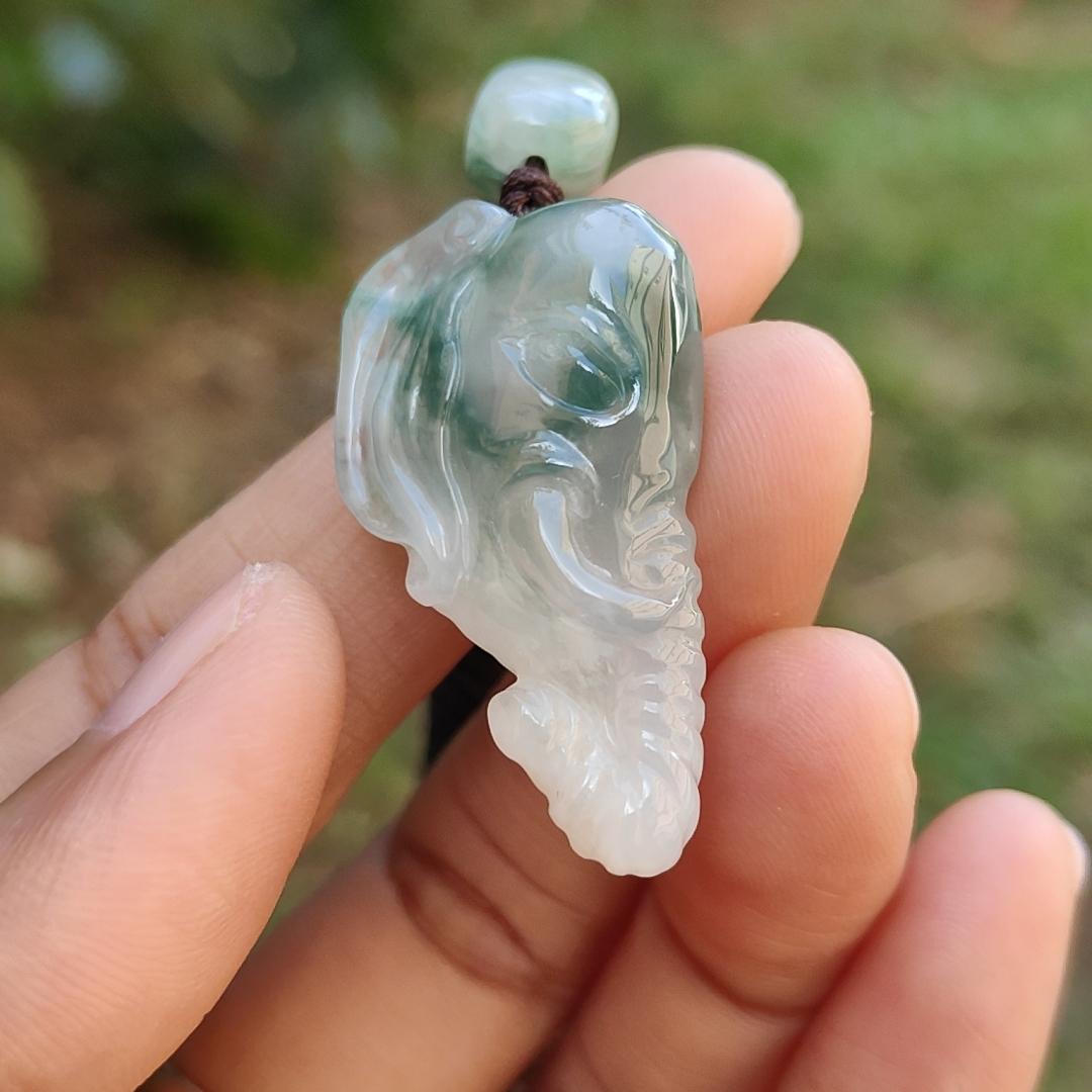 Very Rare Semi Icy Light Green Patches Natural Type A Jadeite Jade crafted with Elephant as Pendant, certificate weighs 8.63 grams, measurement 33 * 19.1 * 8.8 mm (pendant244)