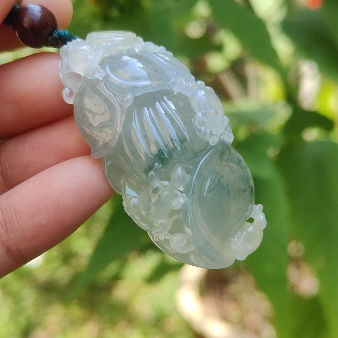 Premium Light Green Semi Icy Natural Type A Jadeite Jade Pendant crafted with frogs, coins and lotus with certificate weigh 35.12 grams, measurement 50.7 * 24.7 * 18.2 mm (pendant193)