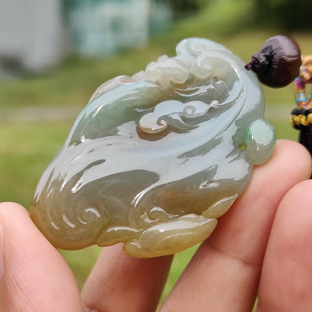 Reddish, Yellow and Green Natural Type A Jadeite Jade Pendant Necklace Crafted with Dragon and Ruyi with certificate weigh 40.57 grams, measurement 53.6 * 34.8 * 15 mm, symbols of Good luck, happiness and health (pendant189)