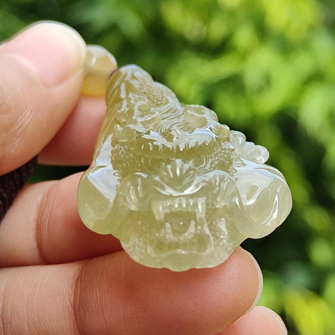 Premium Icy Yellow Natural Type A Jadeite Jade crafted with Dragon as Pendant certificate weighs 15.64 grams, measurement 50.6 * 27 * 11.5 mm (pendant253)