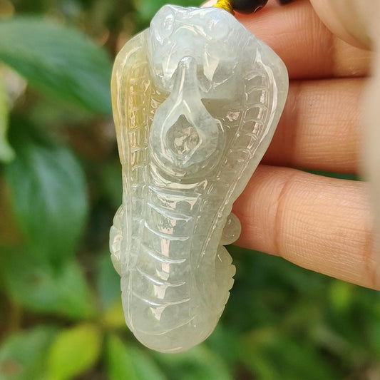 Light green and Yellow Natural Type A Jadeite Pendant carved as Snake, symbols of rebirth, transformation, immortality and healing, certificate included weigh 19.32 grams, 47.3 * 25.7 * 13.3 mm, suitable for daily wear (pendant76)