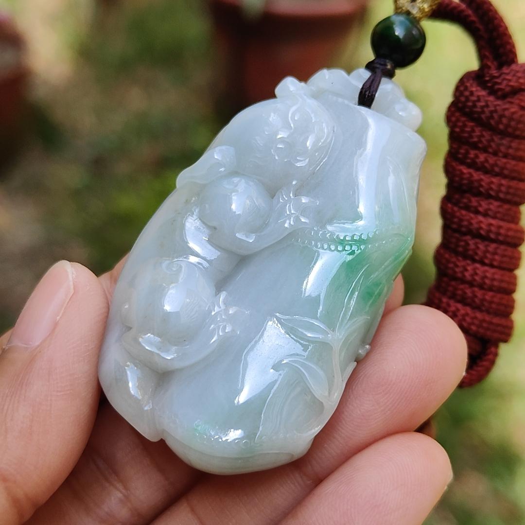 Green with yellow patches Natural Type A Jadeite Jade crafted as Bamboo with Pixiu as Pendant, certificate weigh 35.85 grams, measurement 52.3 * 31 * 12.2 mm (pendant223)