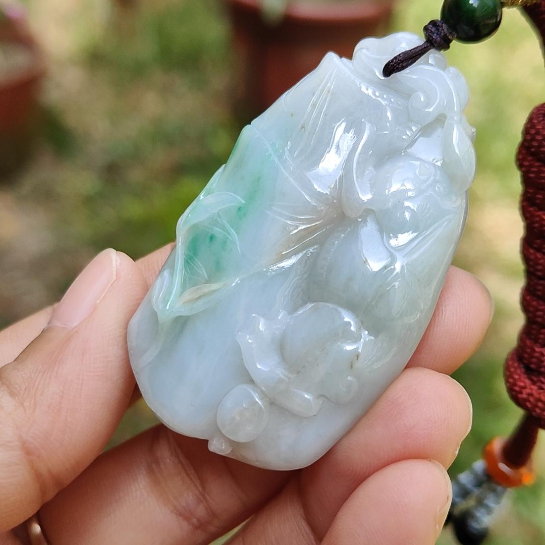 Green with yellow patches Natural Type A Jadeite Jade crafted as Bamboo with Pixiu as Pendant, certificate weigh 35.85 grams, measurement 52.3 * 31 * 12.2 mm (pendant223)