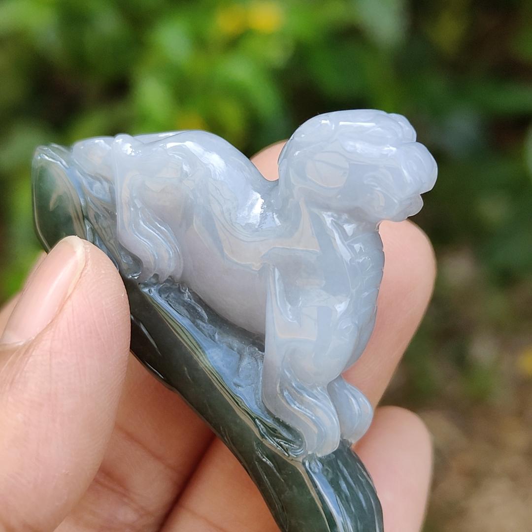 Lavender and Green Natural Type A Jadeite Handheld Piece crafted with Pixiu meaning rich, happiness and good luck with certificate weight 29.97 grams, 61.30 * 10.70 * 34.60 mm, also suitable for display anywhere at home, car or office (hand1)