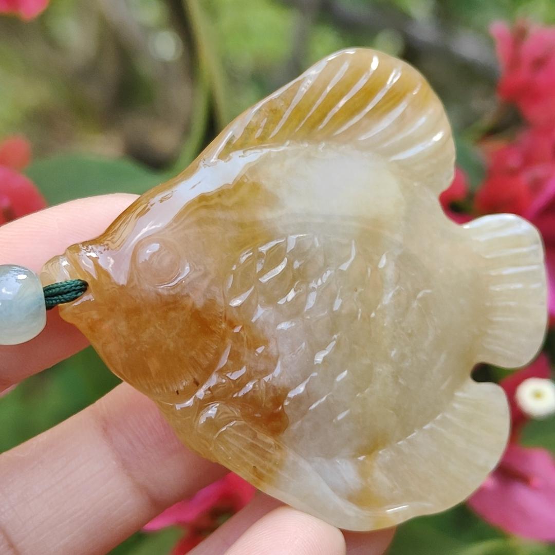 Yellow Natural Type A Jadeite Pendant carved as Fish with certificate weigh 28.33 grams, 55 * 50.2 * 7 mm, meaning Many sons and many blessings, full of children and grandchildren and Life is harmonious and smooth,free from worries and sorrows (pendant77)