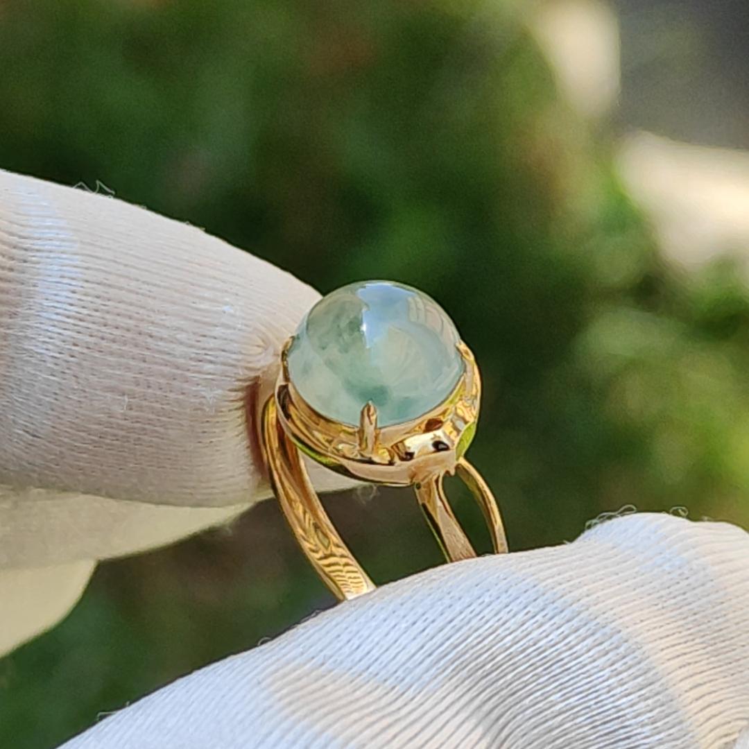 Icy Floating Green Patches Cabochon Natural Type A Jadeite Jade set on 18k gold as a ring with certificate weigh 2.06 grams, measurement 8.9 * 8.8 * 4.2 mm, finger size 16.8 mm (18kring19)